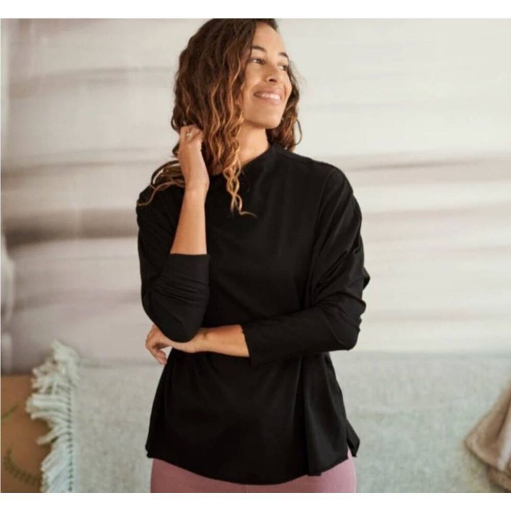 Frank & Eileen Lightweight Jersey Funnel Neck Capelet Shirt Black Long Sleeve Sm